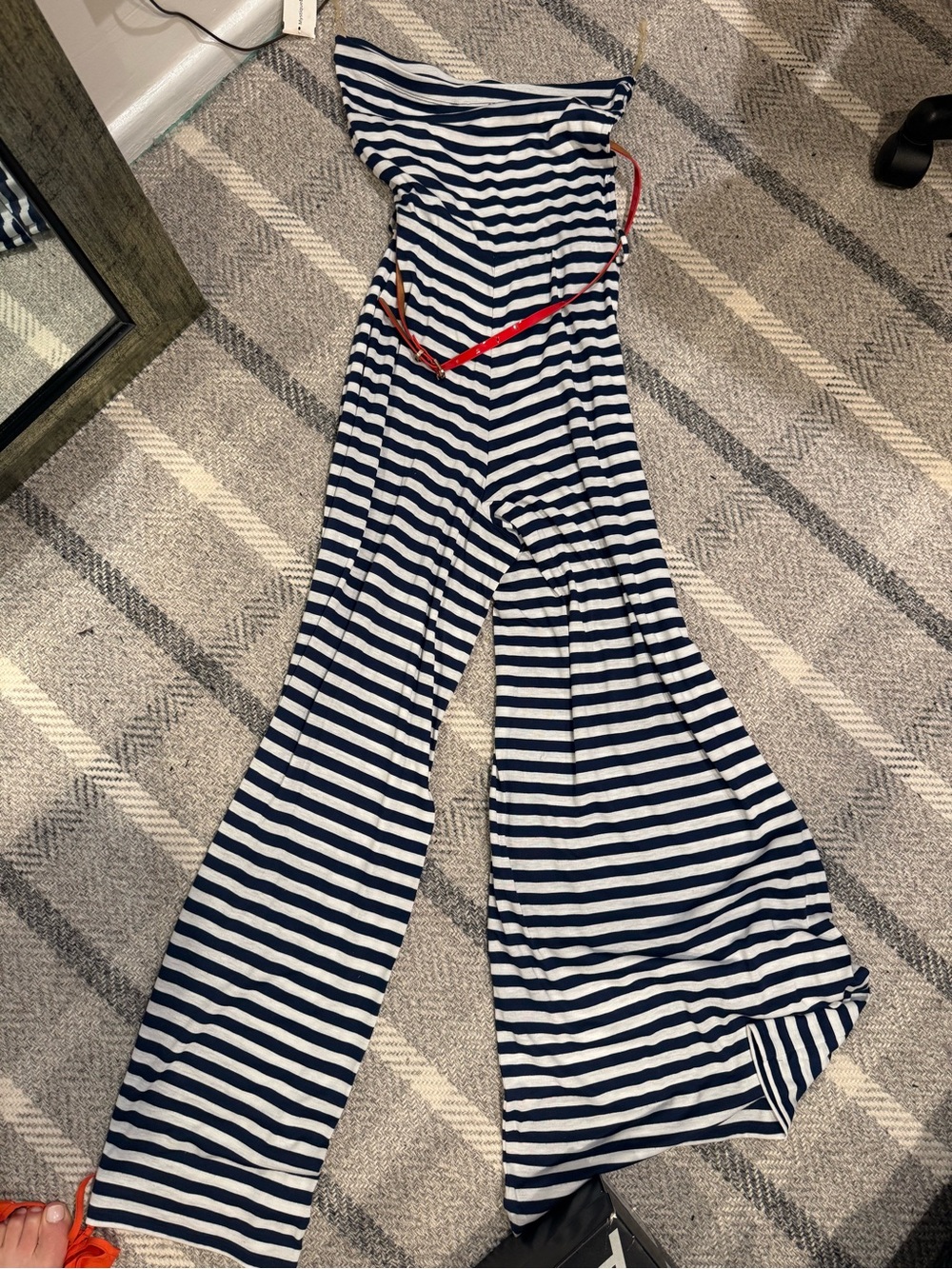 Mystique Boutique Navy and White Striped Strapless Jumpsuit with Red Belt